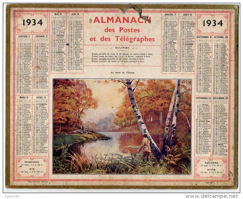 CALENDRIER GF 1934 - Pèche Au Bord De L' étang - Imp Oberthur - Grand Format : 1921-40