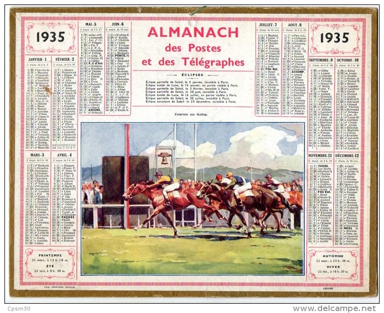 CALENDRIER GF 1935 - Courses Au Galop Chevaux - Imp Oberthur - Grand Format : 1921-40