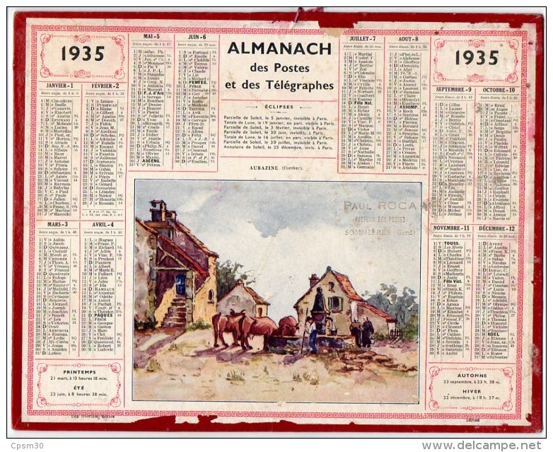 CALENDRIER GF 1935 - AUBAZINE (corrèze 19) Les Chevaux à La Fontaine Sur La Place - Imp Oberthur - Grand Format : 1921-40