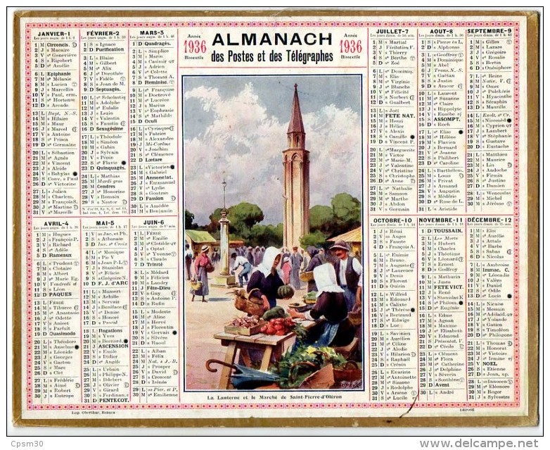 CALENDRIER GF 1936 - La Lanterne Et Le Marché De Saint Pierre D' Oléron; Imprimeur Oberthur - Grand Format : 1921-40