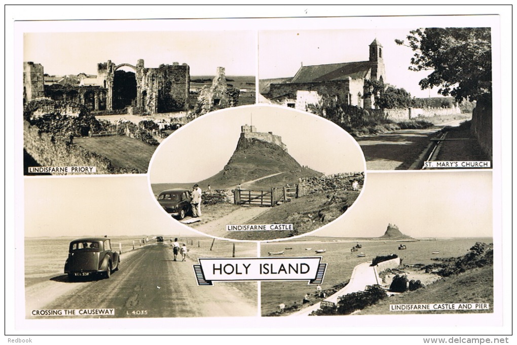 RB 1009 - Real Photo Multiview Postcard - Car On Causeway - St Mary's Church - Holy Island Northumberland - Autres & Non Classés