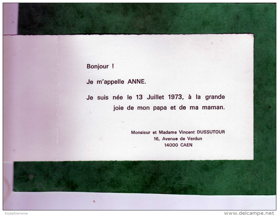 Faire-part De Naissance D'Anne Dussutour De Caen Née En 1973 - Naissance & Baptême