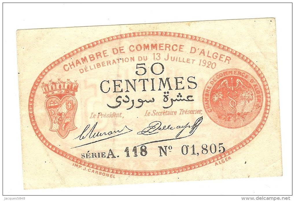 Algérie ) 50 Centimes - Chambre De Commerce D´alger - Rouge-noir ( TTB ) Du 13 JUILLET 1920 - Chambre De Commerce