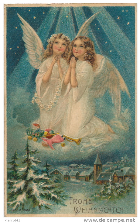 ENFANTS - LITTLE GIRL - MAEDCHEN - Jolie Carte Fantaisie Gaufrée Fillettes Anges Jouets "Joyeux Noël" (embossed PC - Sonstige & Ohne Zuordnung