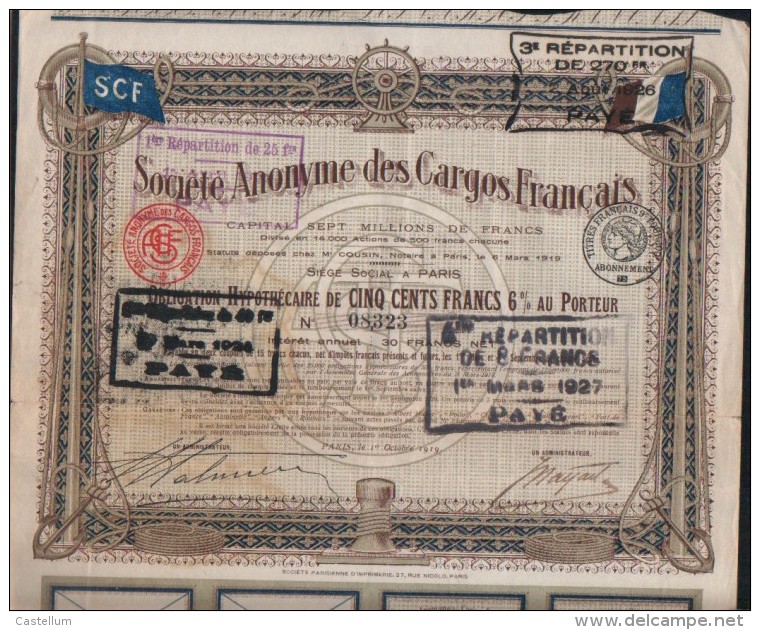 Societe Anonyme Des Cargos Francais-action De 500 Francs-1919 - Navigation
