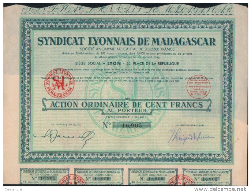 ACTION ORDINAIRE-SYNDICAT LYONNAIS DE MADAGASCAR- 100FRANCS - Africa