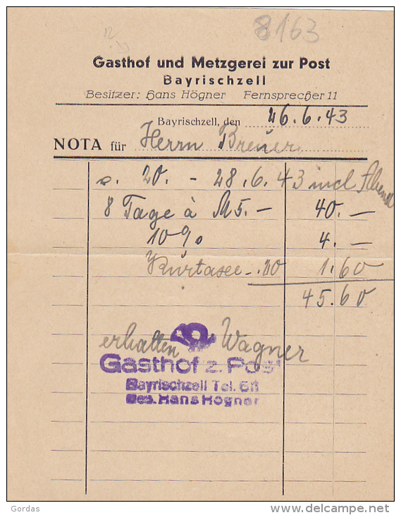 Germany - Bayrischzell - Gasthof Metzgerei Zur Post - Werbung - Advertise - Invoice - 1900 – 1949