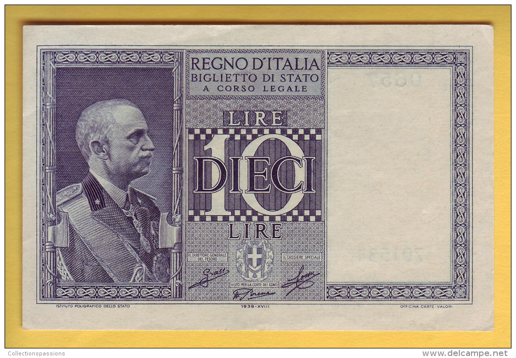 ITALIE - Billet De 10 Lire. 1939-44. Pick: 25c. Presque NEUF - Regno D'Italia – 10 Lire