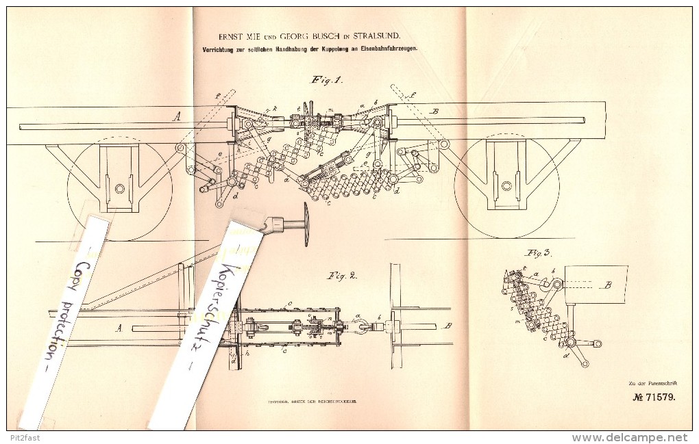 Original Patent - Ernst Mie Und Georg Busch In Stralsund I. Mecklenburg , 1893 , Kupplung Für Eisenbahn !!! - Stralsund