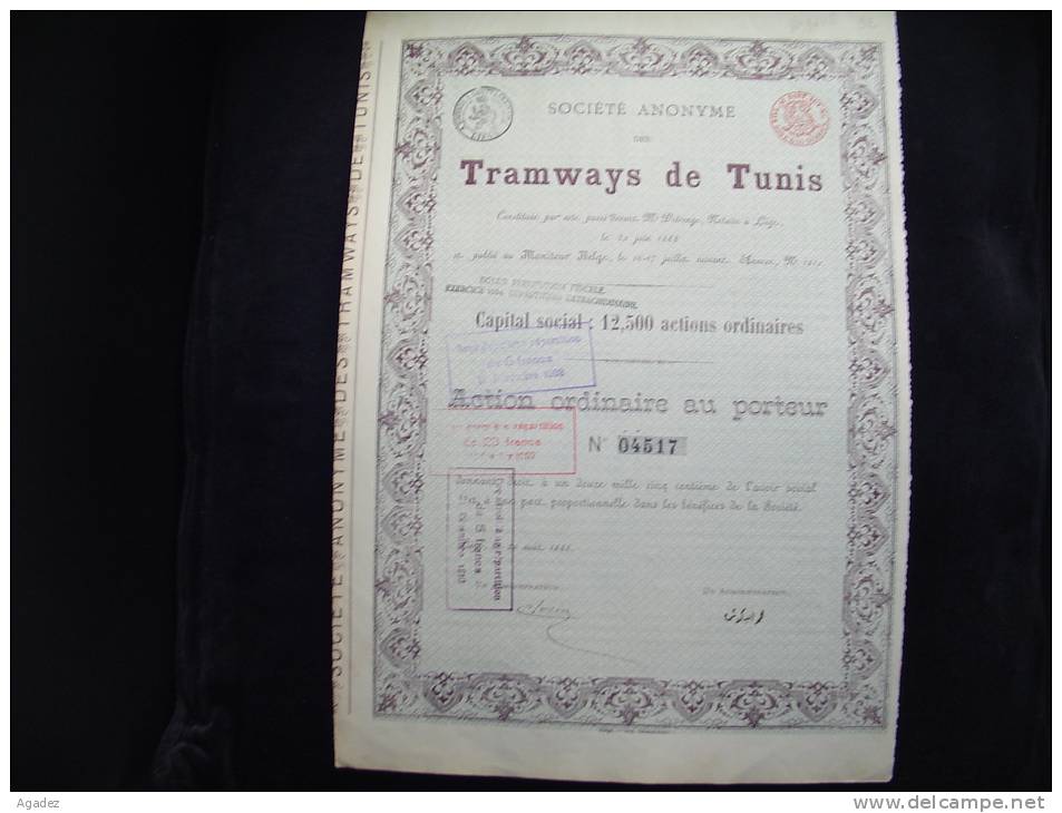 Action"Tramways De Tunis"1888 Bon état,sans Coupon.Tunisie - Chemin De Fer & Tramway