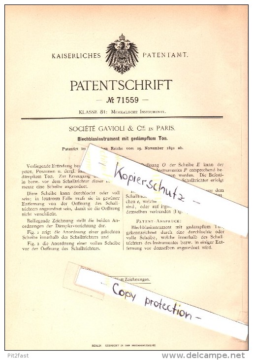 Original Patent - Société Gavioli & Co In Paris , 1892 , Blechblasinstrument , Tuba , Posaune , Trompete , Trumpet !!! - Instruments De Musique