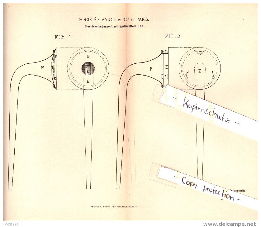 Original Patent - Société Gavioli & Co In Paris , 1892 , Blechblasinstrument , Tuba , Posaune , Trompete , Trumpet !!! - Musical Instruments