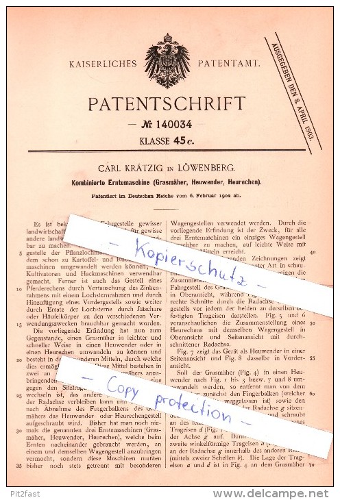 Original Patent - Carl Krätzig In Löwenberg / Lwówek Slaski , 1902 , Kombinierte Erntemaschine , Agrar !!! - Schlesien