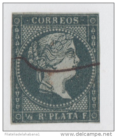 1855-24 * CUBA ESPAÑA SPAIN. ANTILLAS. ISABEL II. 1855. Ed.1. &frac12; Rs NEGRO VERDE. USADO CON RAYA DE TINTA. - Prefilatelia