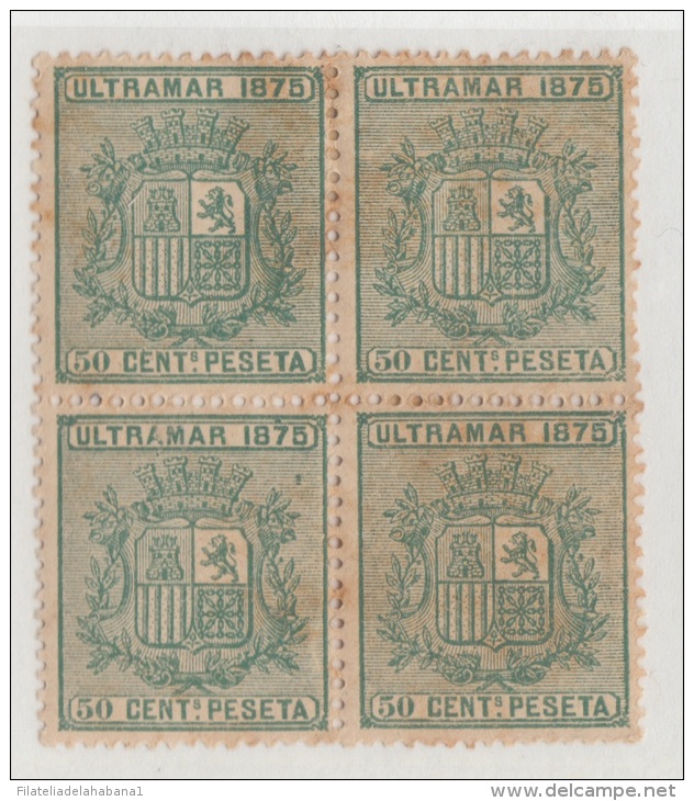 1875-25 * CUBA ESPAÑA SPAIN. ANTILLAS. REPUBLICA. 1875. Ed.33. 50c. VERDE. NUEVO GOMA ORIGINAL. BLOCK 4. - Prefilatelia