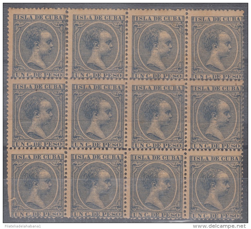 1894-12 * CUBA ESPAÑA SPAIN. ANTILLAS. ALFONSO XIII. 1894. Ed.136. 1c. AZUL. MNH. BLOCK 12. DEFECTO EN UN SELLO. - Voorfilatelie