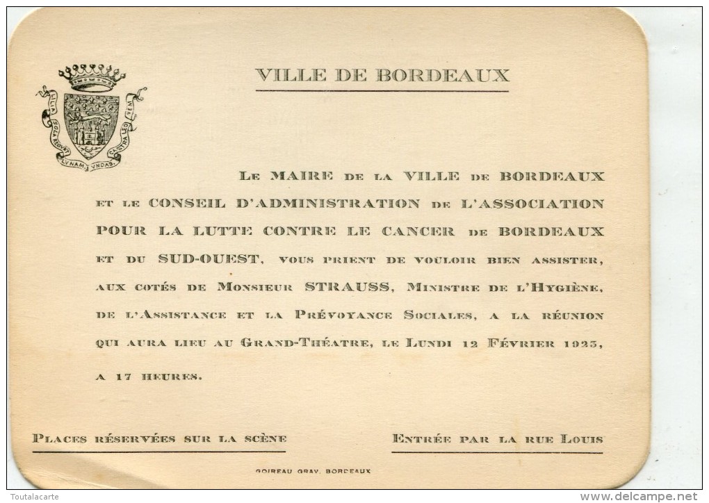 BORDEAUX REUNION AU GRAND THEATRE LE LUNDI 12 FEVRIER 1925 POUR LA LUTTE CONTRE LE CANCER - Non Classés