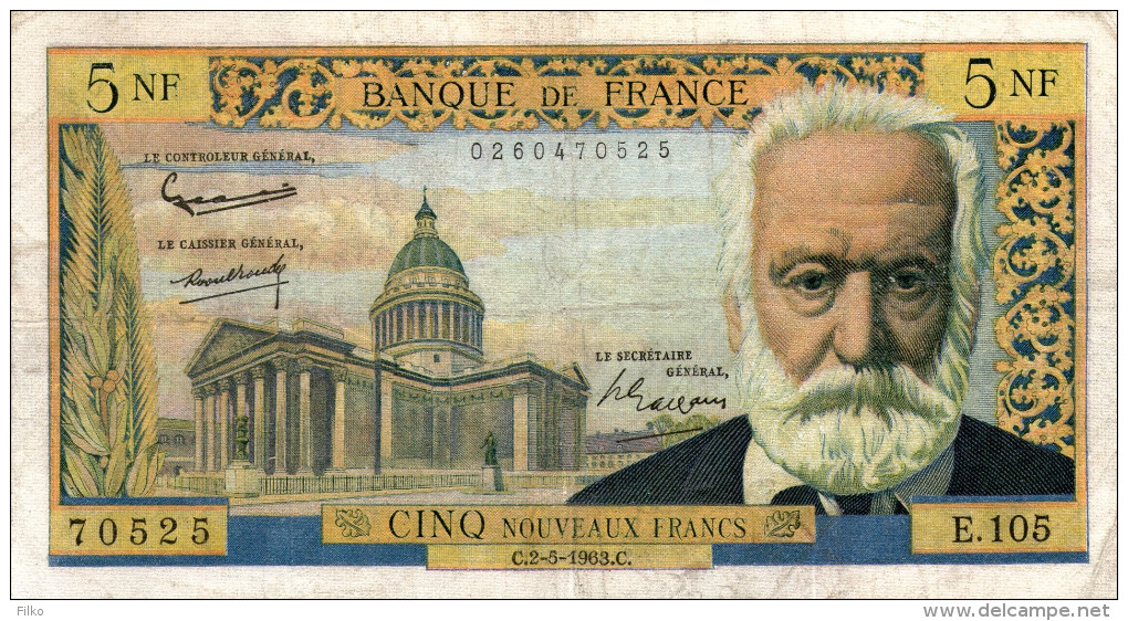 France,5 Nouveaux Francs Type Victor Hugo,P.104a,alphabet:E.105,C.2.5.63 C.used,as Scan - 5 NF 1959-1965 ''Victor Hugo''