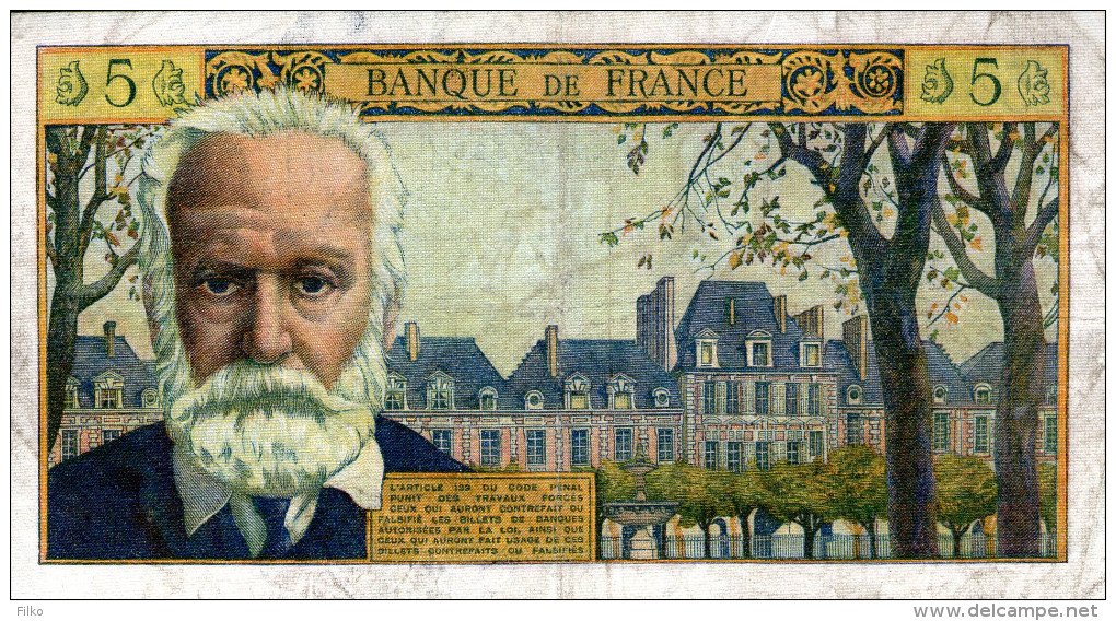 France,5 Nouveaux Francs Type Victor Hugo,P.104a,alphabet:E.105,C.2.5.63 C.used,as Scan - 5 NF 1959-1965 ''Victor Hugo''