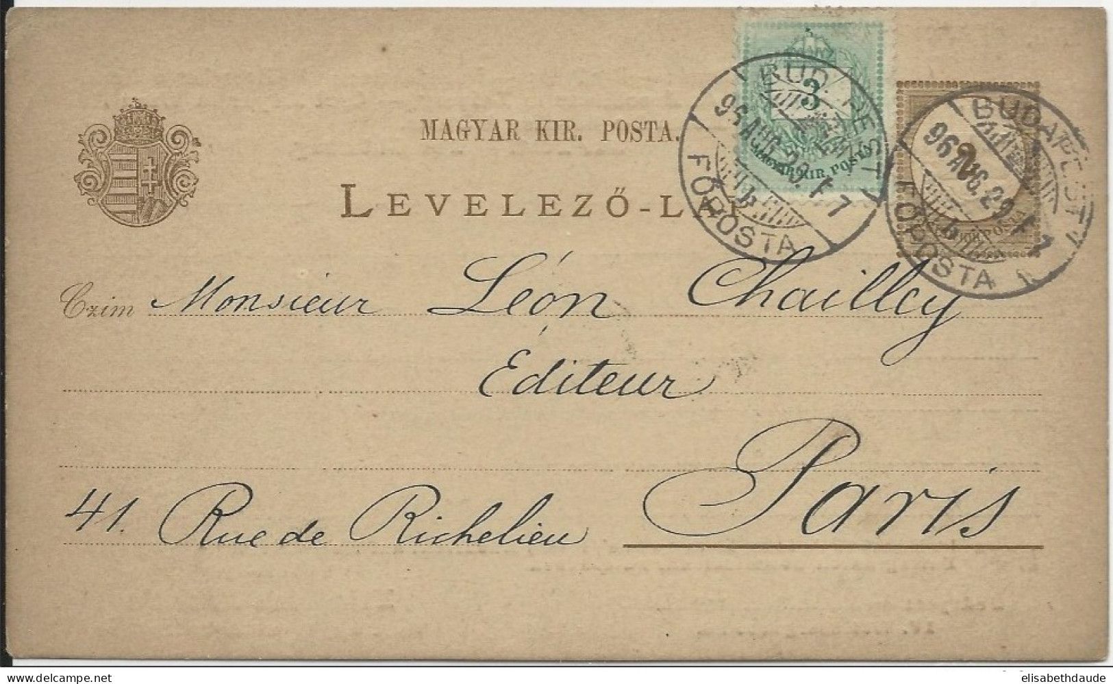 HONGRIE - 1896 - CARTE ENTIER Avec REPIQUAGE PRIVE De BUDAPEST Pour PARIS - Postwaardestukken