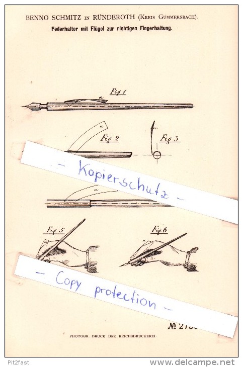 Original Patent  - B. Schmitz In Ründeroth B. Engelskirchen , Krs. Gummersbach , 1883 , Federhalter Mit Flügel  !!! - Schreibgerät