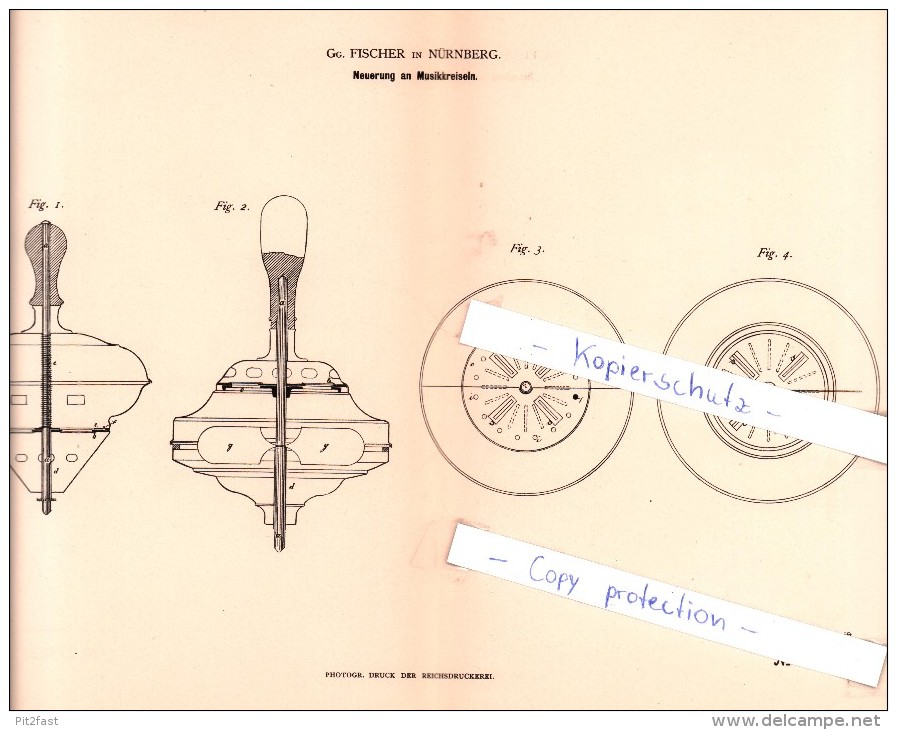 Original Patent  - Gg. Fischer In Nürnberg , 1882 , Neuerung An Musikkreiseln , Kreisel , Brummkreisel !!! - Toy Memorabilia