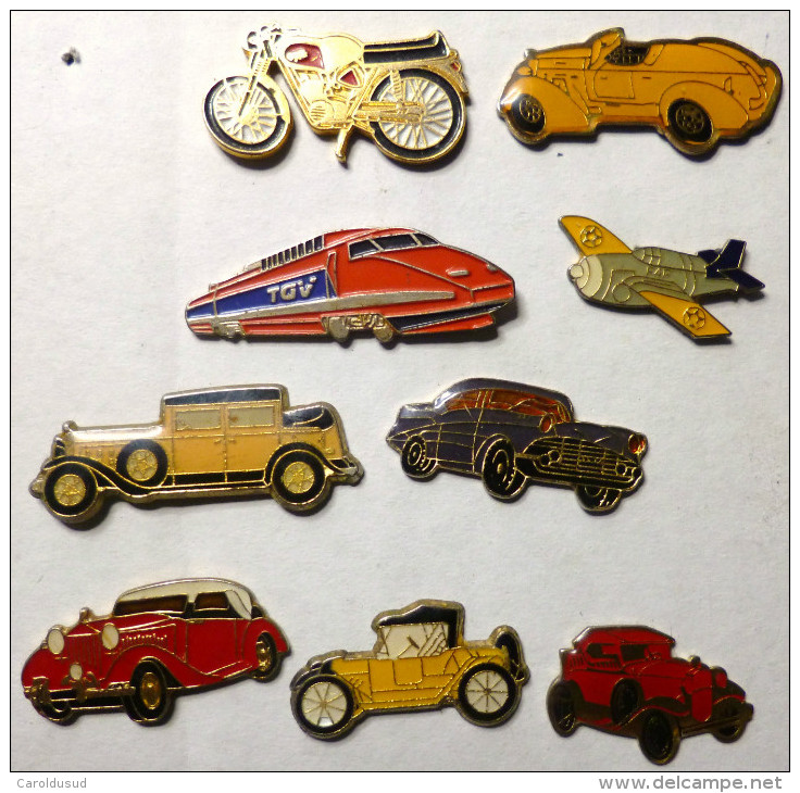 Beau Lot 9X Pins Pin's  MOYEN DE TRANSPORT VOITURE TACOT TGV TRAIN MOTO AVION - Sets