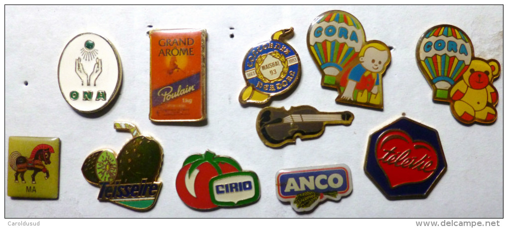 Lot 11X Pins Pin's  PUBLICITE POULAIN TEISSEIRE CIRIO ANCO TELEVIE CORA VIOLON O.N.A. CONCORDIA MAISBAL - Lots