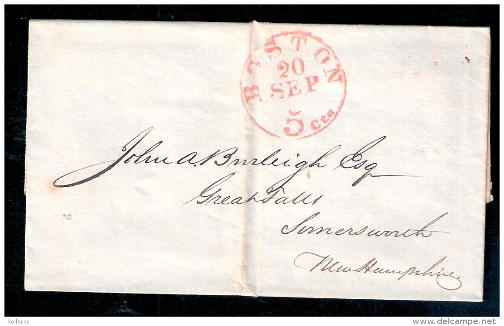080452 STAMPLESS COVER - BOSTON / 20 SEP / 5 CTS [TO GREATFALLS, SUMERSWORTH, NEW HAMPSHIRE] 1947 - …-1845 Prephilately