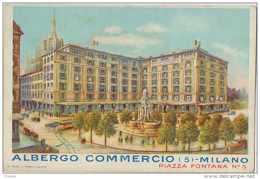 Advert Art Card For Albergo Commercio Milano Piazza Fontana No 5  Tram  Edit A. Trub Aarau Lugano - Milano