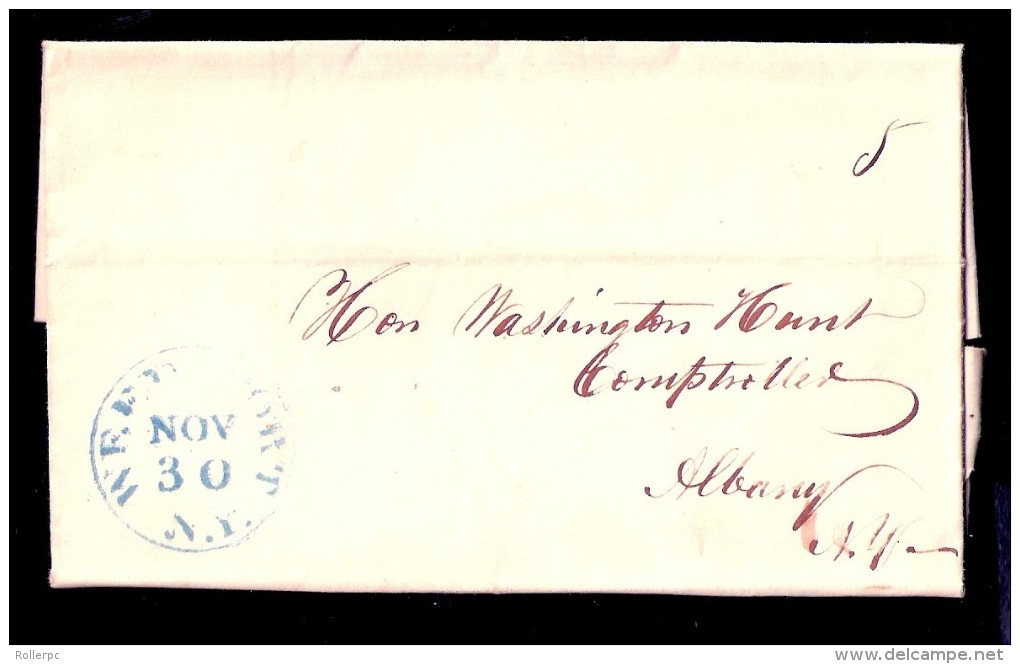 080454 STAMPLESS COVER [DAMAGED] -WEEDSPORT/NOV 30/NY - 1850  TO HON. WASHINGTON HUNT, COMPTROLLER, ALBANY, NY - …-1845 Voorfilatelie