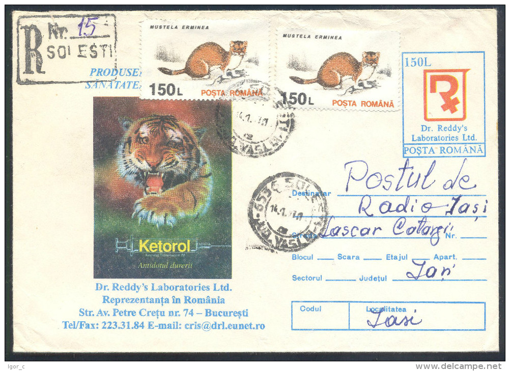 Romania 1997 Registered PS Postal Stationery Cover: Fauna Tiger Panthera Tigris Altaica; Mustela Erminea 2x Stamps - Roofkatten