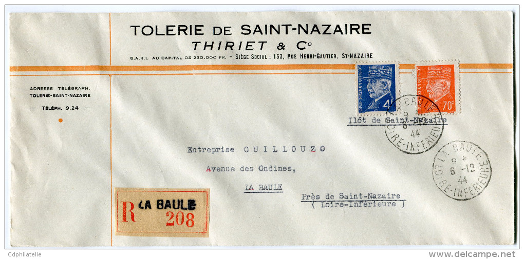 LETTRE COMMERCIALE RECOMMANDEE POCHE DE ST- NAZAIRE DEPART LA BAULE 6-12-44 LOIRE INFERIEURE POUR LA BAULE - Guerre De 1939-45