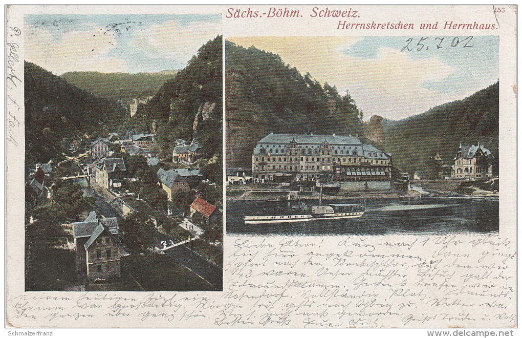 Litho AK Böhmische Schweiz Hrensko Herrnskretschen Herrnhaus Herrenhaus Dampfer Bastei Stempel Rosendorf Lindenthal - Sudeten