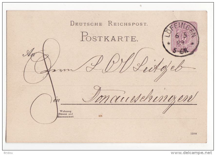 Allemagne   Carte Avec Entier Postal   Cachet De LÖFFINGEN  1889    Bade Wurtemberg - Autres & Non Classés