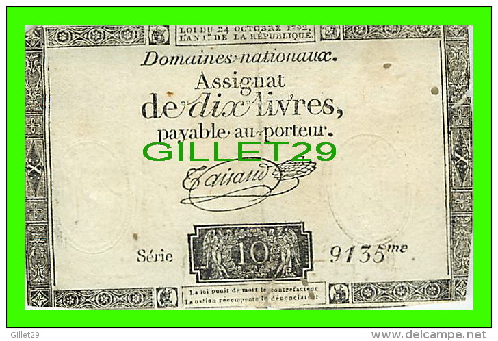 ASSIGNAT DE DIX LIVRES PAYABLE AU PORTEUR - SERIE 10 - 9135me - LOI DU 24 OCTOBRE 1792 - - Assignats & Mandats Territoriaux