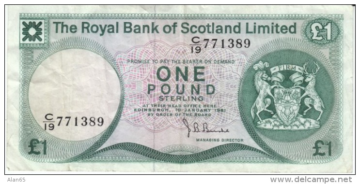 Royal Bank Of Scotland #336 1981, 1 Pound Banknote Currency Money - 1 Pond