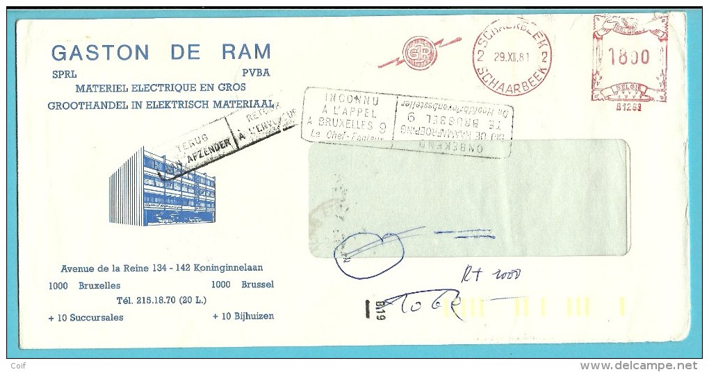 Brief Met Roodfrankeering SCHAARBEEK Met Stempel RETOUR + INCONNU A L'APPEL BRUXELLES 9 - 1980-99