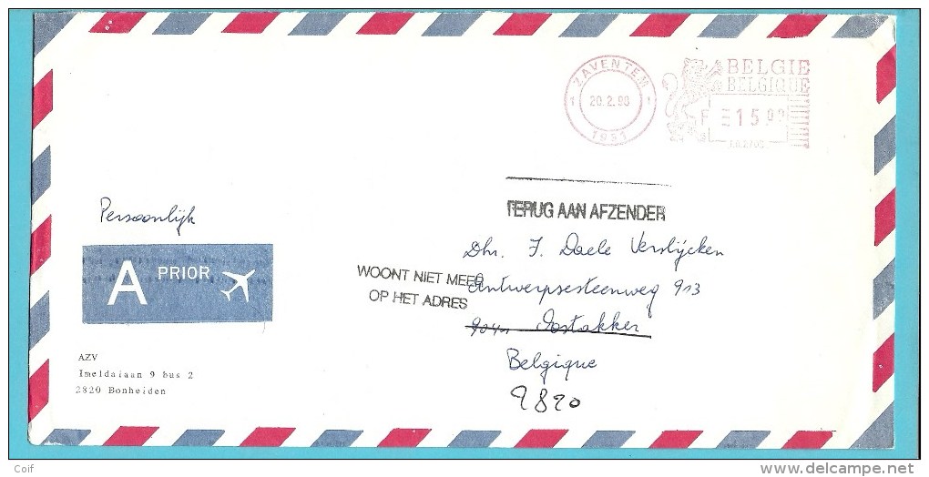 Brief Met Roodfrankeering ZAVENTEM Naar OOSTAKKER Met Stempel TREUG AAN AFZENDER / WOONT NIET MEER.... - 1980-1999