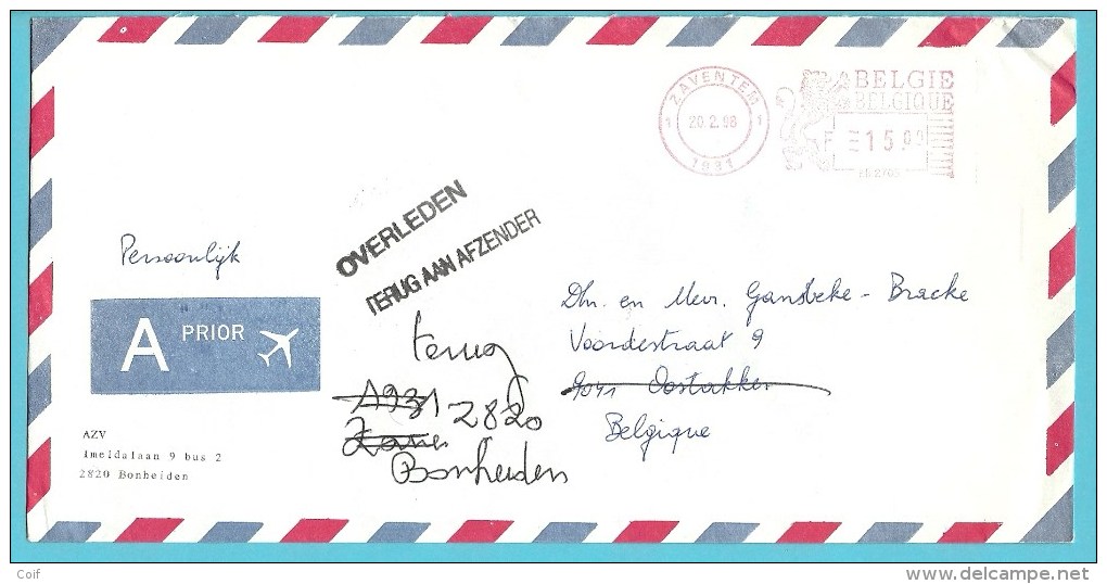 Brief Met Roodfrankeering ZAVENTEM Naar OOSTAKKER Met Stempel TREUG AAN AFZENDER / OVERLEDEN. - 1980-99