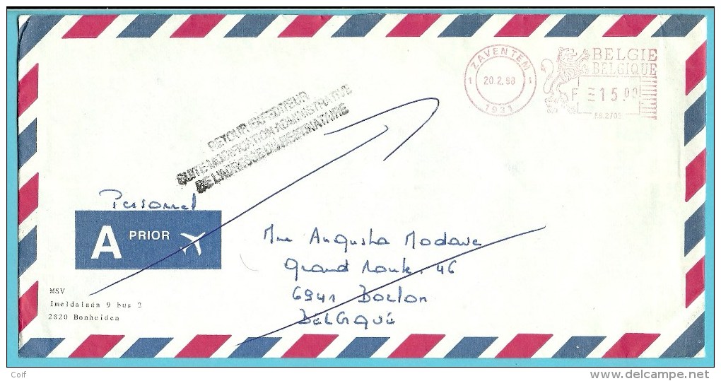 Brief Met Roodfrankeering ZAVENTEM Naar BORLON Met Stempel RETOUR EXPEDITEUR....... - 1980-99