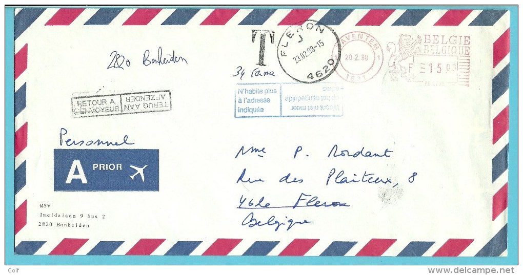 Brief Met Roodfrankeering ZAVENTEM Naar FLERON Met Stempel RETOUR../ WOONT NIET MEER... - 1980-99