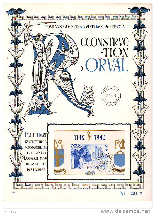 BELGIQUE 2 FEUILLETS D'ART RECONSTRUCTION D'ORVAL NUMEROS 25147 / 25148 - 2 LANGUES - Volledige Vellen & Velletjes