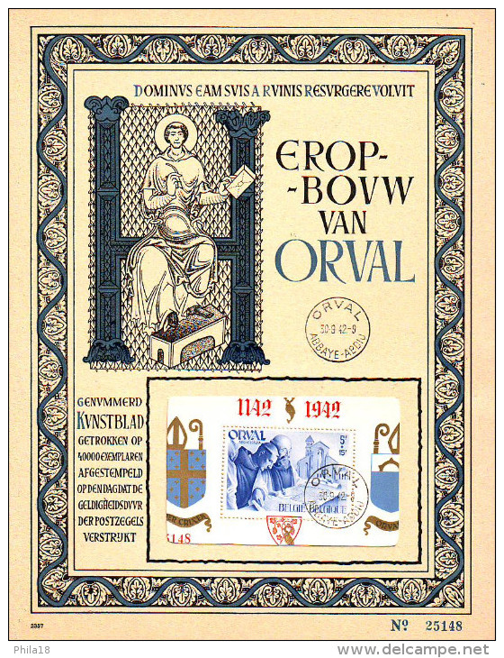 BELGIQUE 2 FEUILLETS D'ART RECONSTRUCTION D'ORVAL NUMEROS 25147 / 25148 - 2 LANGUES - Volledige Vellen & Velletjes