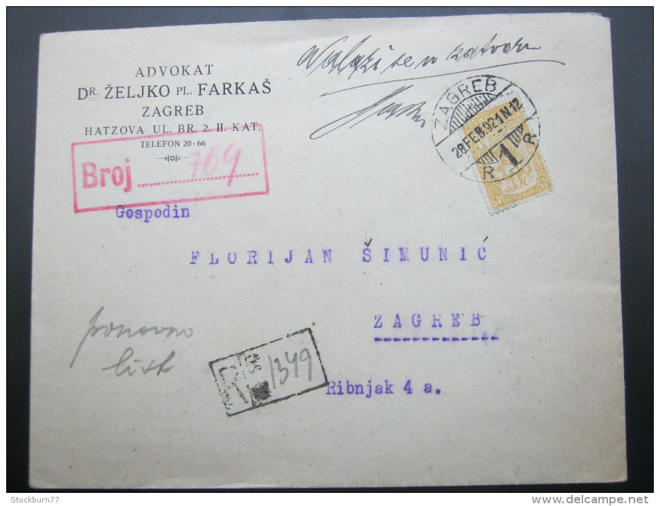 1921, Einschreiben  Aus  Zagreb - Covers & Documents