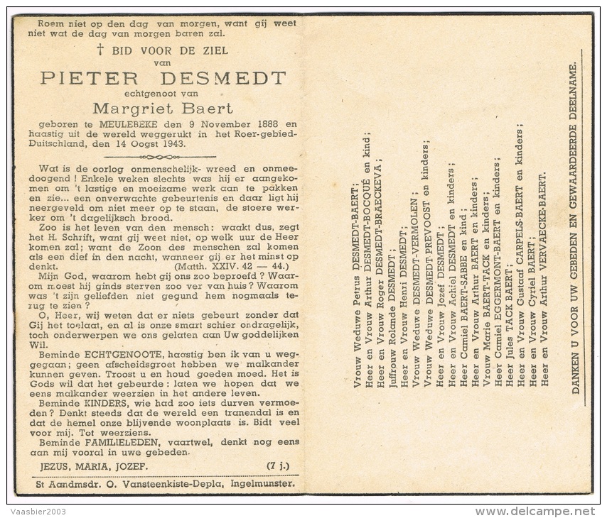 MEULEBEKE- ROERGEBIED ?? (Duitsland) , Doodspr. Van Pieter DESMEDT + 1943 - Religion & Esotérisme