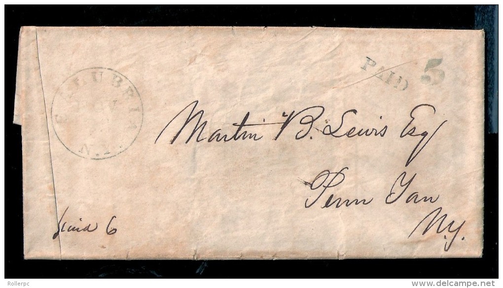 080456 STAMPLESS COVER - SALUBRIA // NOV 28 // NY - "PAID 5" - 1845 TO PENN YAN, NY - …-1845 Prephilately