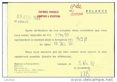 Carte Postale De Commande De REMO  S-A  Holiday A Lesquin 59 Adressé U BIX S A  Mr Cantagel A Lille 59 - EMA (Printer Machine)