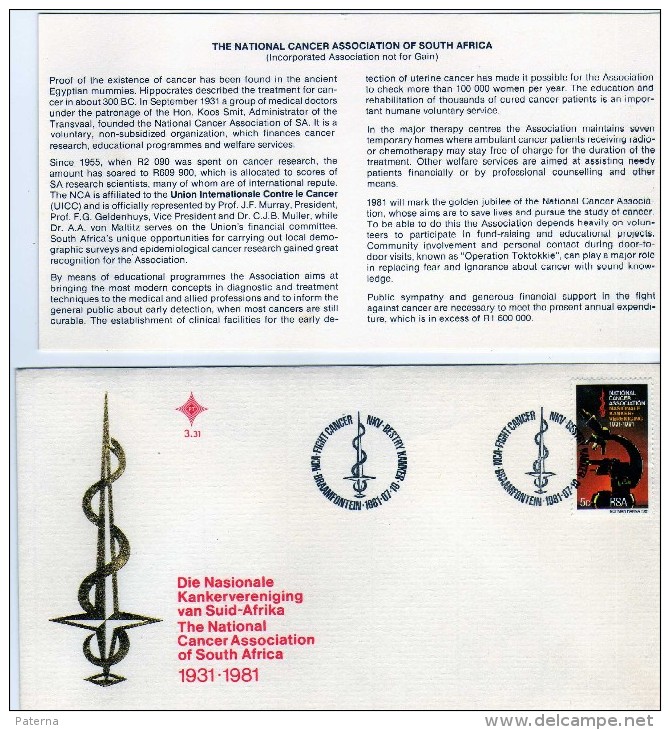 2322 FDC República Sudáfrica  Braamfontein 1981  Asociación  Cancer, Medicina, Enfermedad - Enfermedades