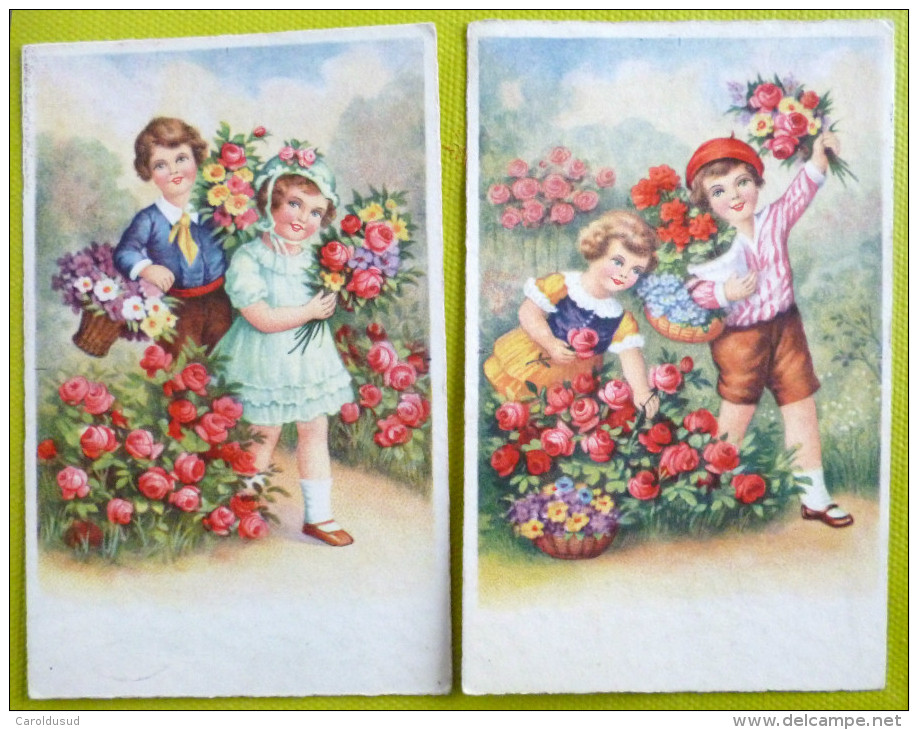 Cp LOT 2X Litho Meme ILLUSTRATEUR ROKAT 1422  DUO Enfants Enfant Dans JARDIN Fleur ROSE - Verzamelingen & Reeksen